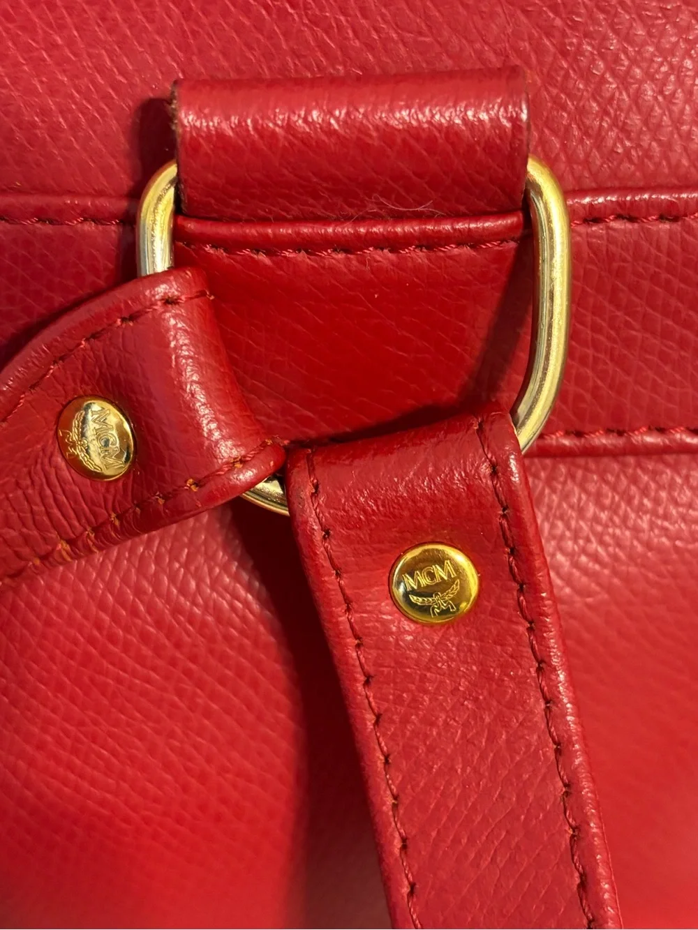 Vintage MCM München Red Leather Small Backpack Drawstring Flap Gold Hardware